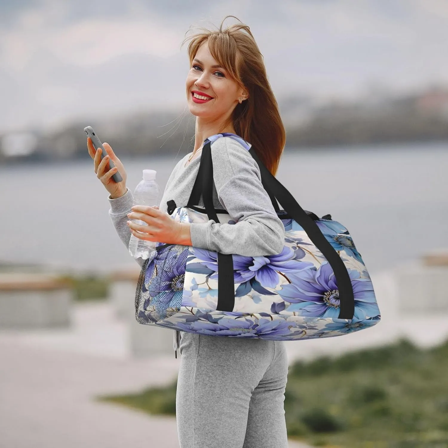 Blue Flower Pattern Travel Duffel Bag with Strap Multi Pockets Sports Bag Handbag Large Shoulder Bag for Gym Weekend Fitness Camping