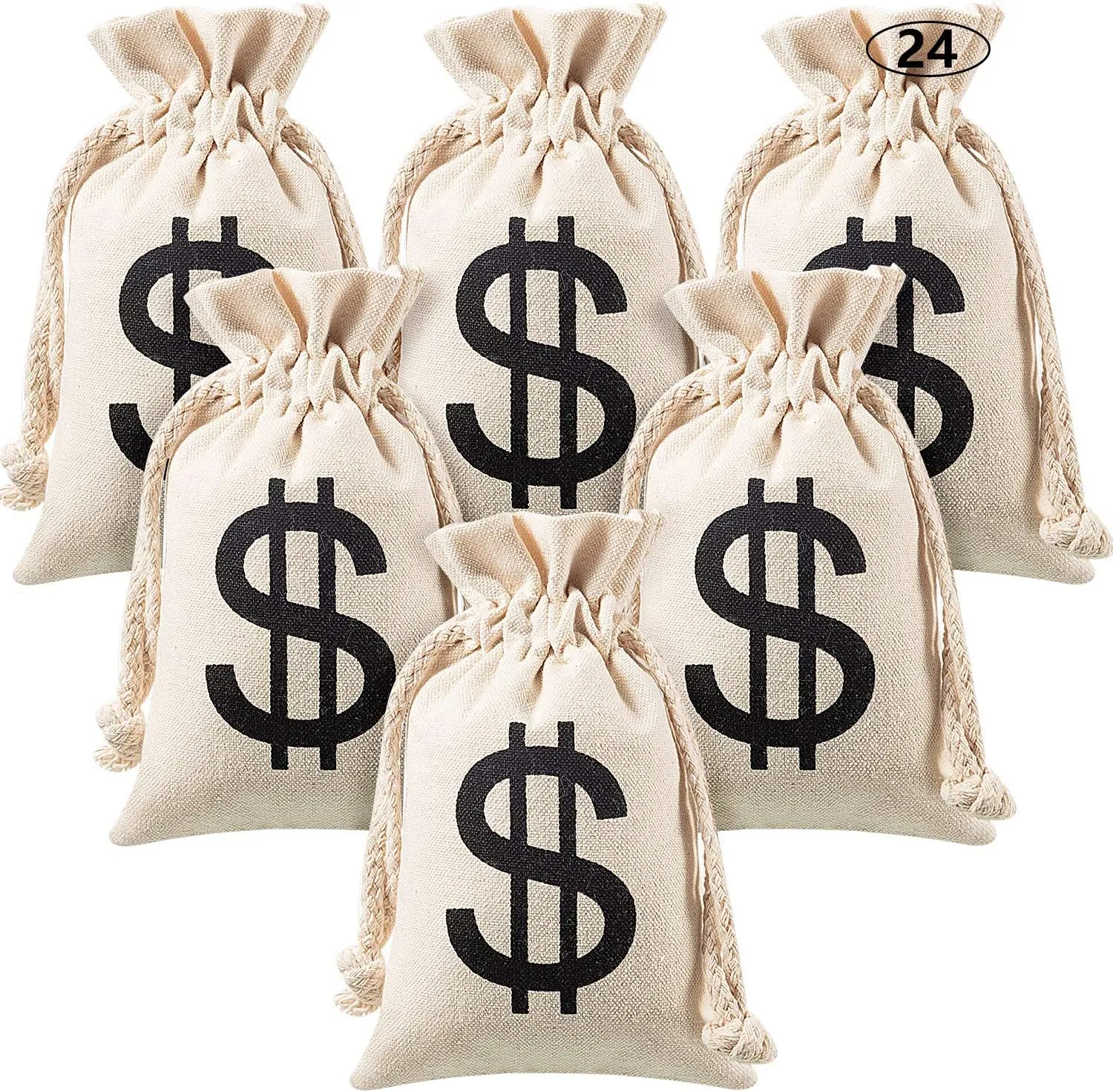 Boao 24 Piece Canvas Money Bag Pouch with Drawstring Closure and Dollar Sign Symbol Money Sacks for Toy Birthday Party Favors, Costume Props Pirate Bank Robber Cowboy Cosplay, 4.2 x 7.2 Inches