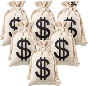 Boao 24 Piece Canvas Money Bag Pouch with Drawstring Closure and Dollar Sign Symbol Money Sacks for Toy Birthday Party Favors, Costume Props Pirate Bank Robber Cowboy Cosplay, 4.2 x 7.2 Inches