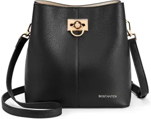 BOSTANTEN Shoulder Bucket Bags for Women Vegan Leather Purse Handbag Multiple Pockets Black