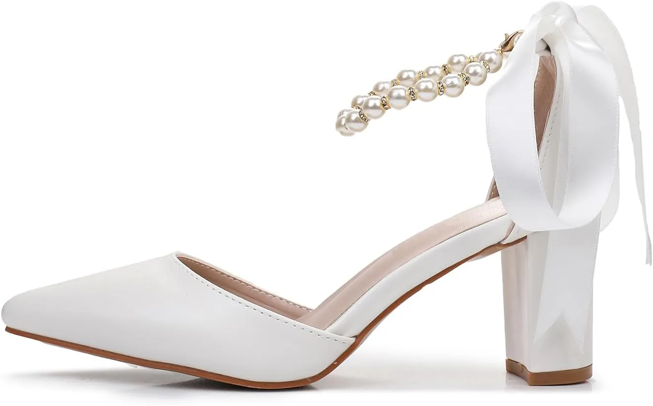 Bridal Shoes for Women White Pearl Heels Leather Closed Toe Pumps 3 Inch Chunky Heel Wedding Shoes for Bridal Heels Wedding Party Evening Casual Wear