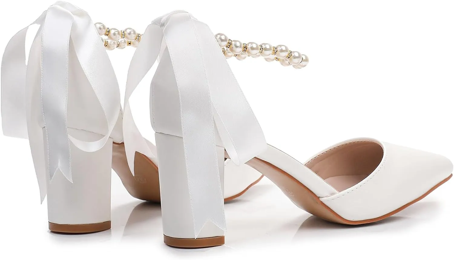 Bridal Shoes for Women White Pearl Heels Leather Closed Toe Pumps 3 Inch Chunky Heel Wedding Shoes for Bridal Heels Wedding Party Evening Casual Wear