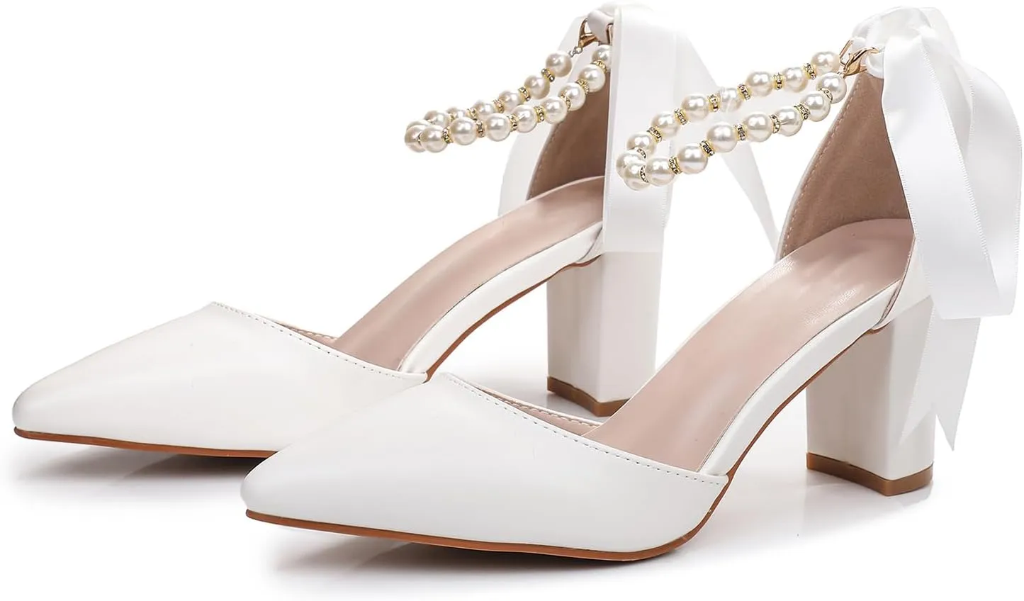 Bridal Shoes for Women White Pearl Heels Leather Closed Toe Pumps 3 Inch Chunky Heel Wedding Shoes for Bridal Heels Wedding Party Evening Casual Wear