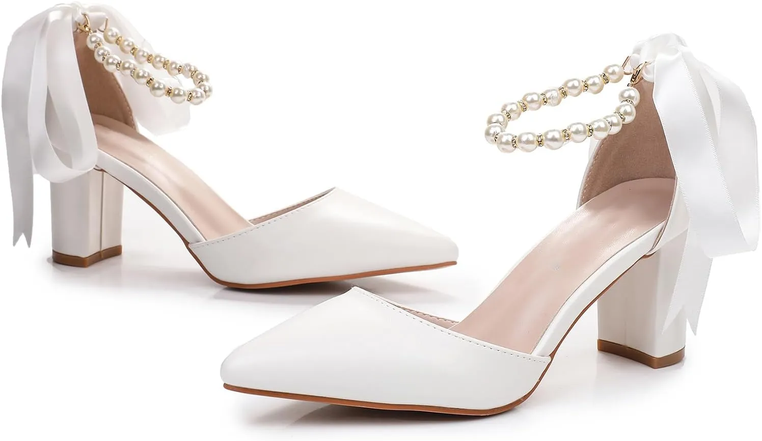 Bridal Shoes for Women White Pearl Heels Leather Closed Toe Pumps 3 Inch Chunky Heel Wedding Shoes for Bridal Heels Wedding Party Evening Casual Wear
