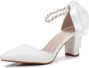 Bridal Shoes for Women White Pearl Heels Leather Closed Toe Pumps 3 Inch Chunky Heel Wedding Shoes for Bridal Heels Wedding Party Evening Casual Wear