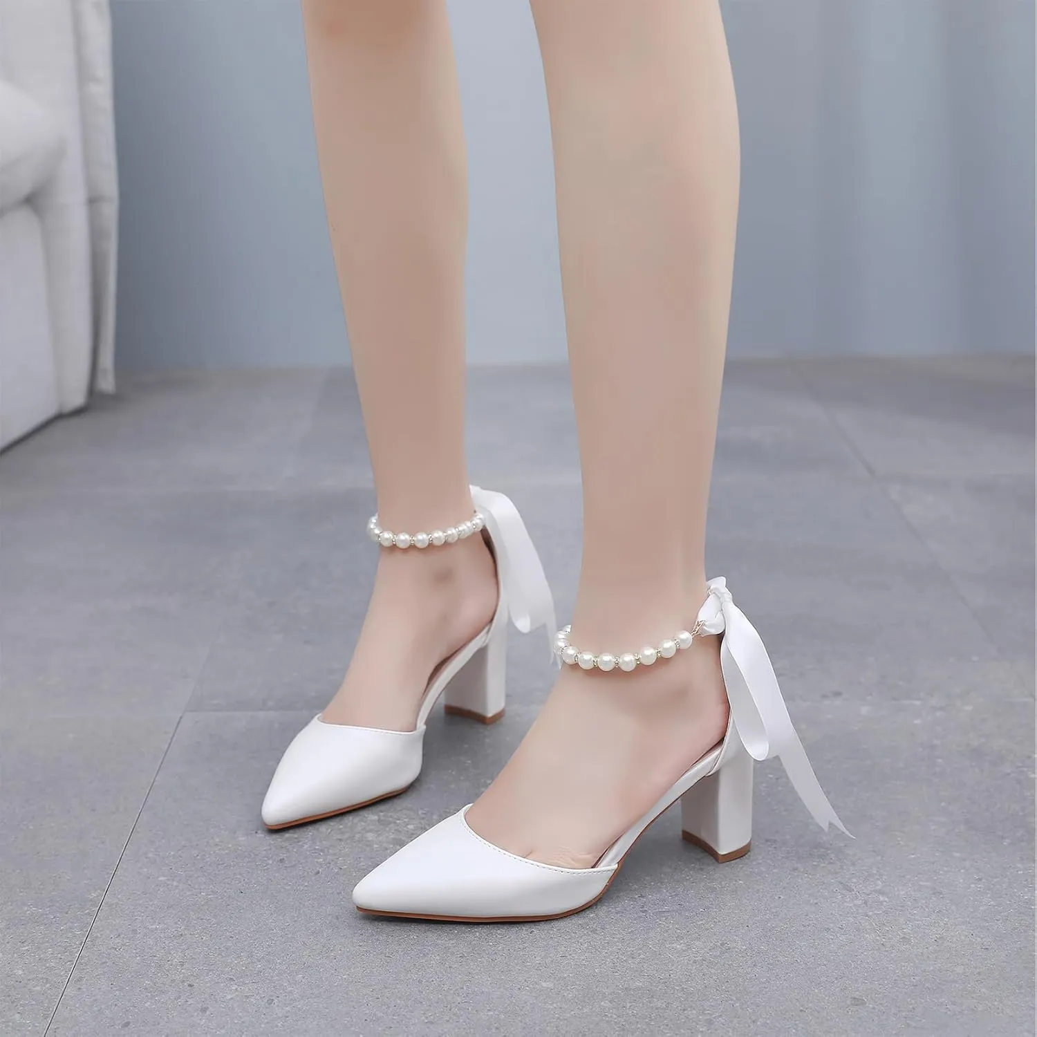 Bridal Shoes for Women White Pearl Heels Leather Closed Toe Pumps 3 Inch Chunky Heel Wedding Shoes for Bridal Heels Wedding Party Evening Casual Wear
