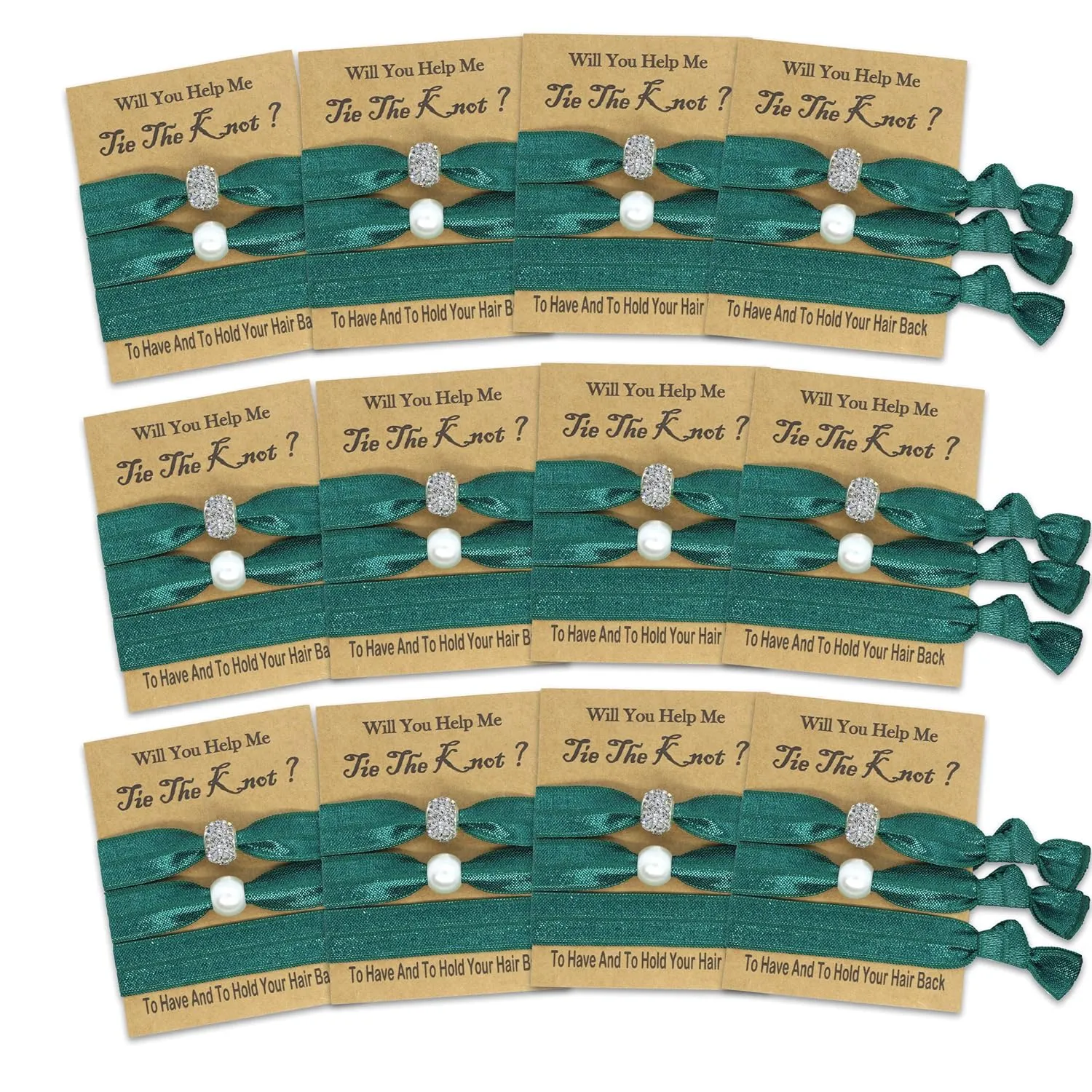 Bridesmaid Proposal Hair Ties, Bachelorette Party Favors for Bridal Shower and Wedding (Emerald), 3 Count (Pack of 6)