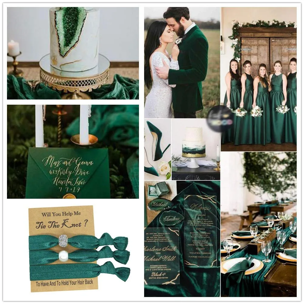 Bridesmaid Proposal Hair Ties, Bachelorette Party Favors for Bridal Shower and Wedding (Emerald), 3 Count (Pack of 6)
