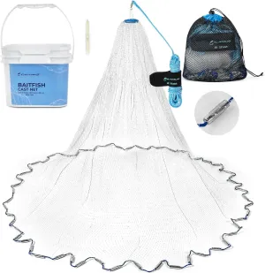 Calamus Cast Net 3/8" Mesh for Freshwater and Saltwater, 3ft-6ft Radius Casting Nets with Heavy-Duty Sinking Nylon Line, Mesh Storage Bag & Storage Bucket & Net Repair Kit
