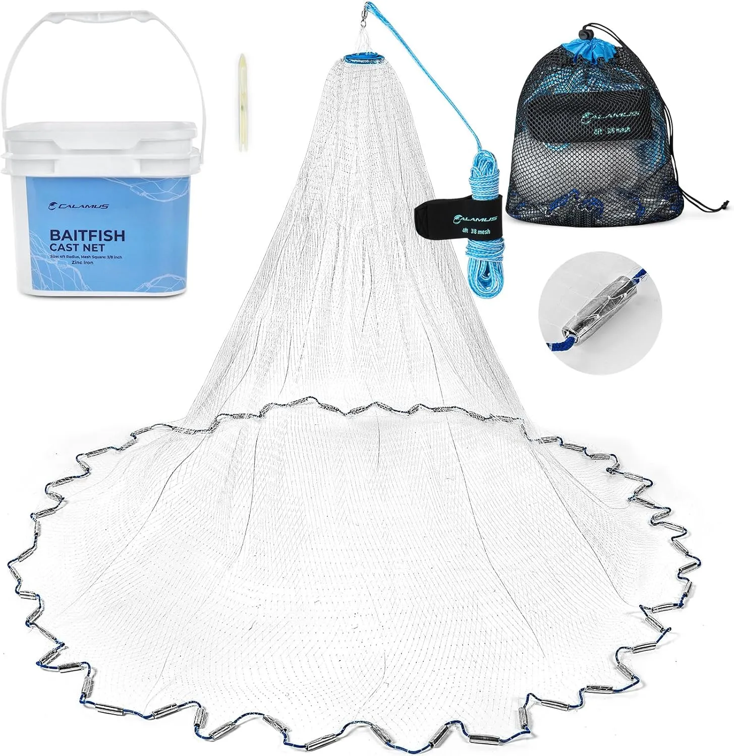 Calamus Cast Net 3/8" Mesh for Freshwater and Saltwater, 3ft-6ft Radius Casting Nets with Heavy-Duty Sinking Nylon Line, Mesh Storage Bag & Storage Bucket & Net Repair Kit
