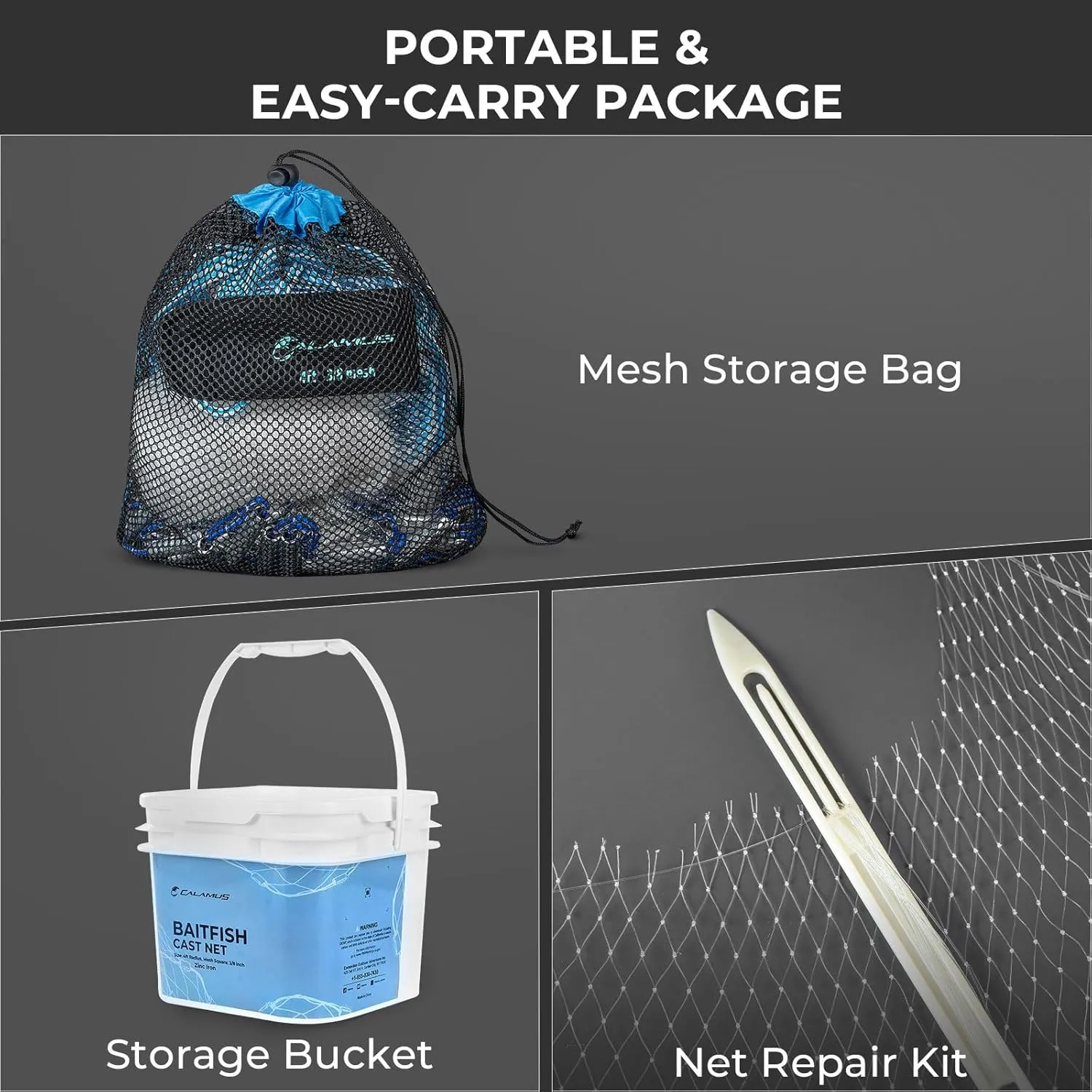 Calamus Cast Net 3/8" Mesh for Freshwater and Saltwater, 3ft-6ft Radius Casting Nets with Heavy-Duty Sinking Nylon Line, Mesh Storage Bag & Storage Bucket & Net Repair Kit
