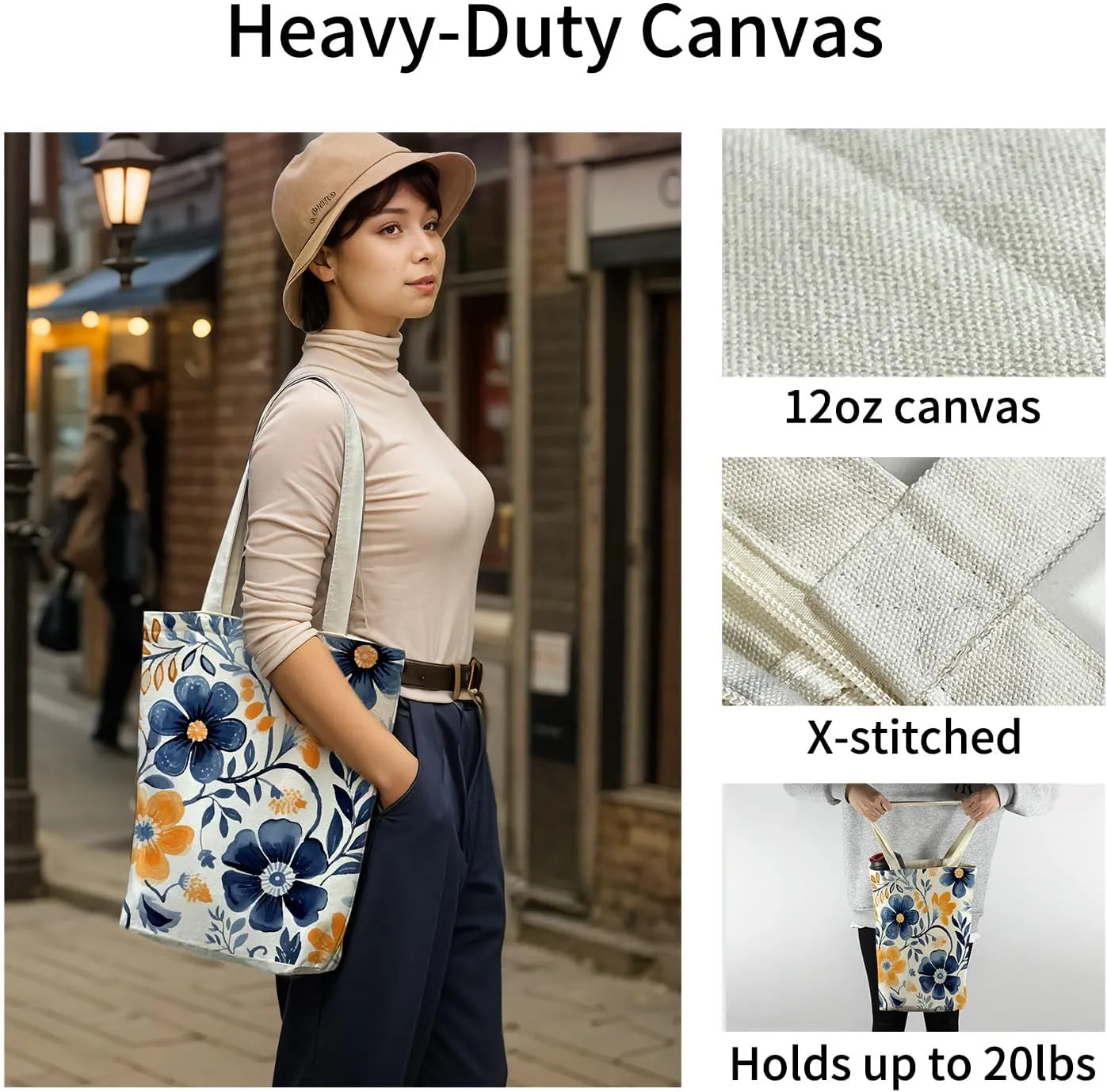 Canvas Tote Bag for Women, Tote Bag with Zipper Inner Pocket, Zippered Canvas Bag for Shopping Work Grocery Everyday