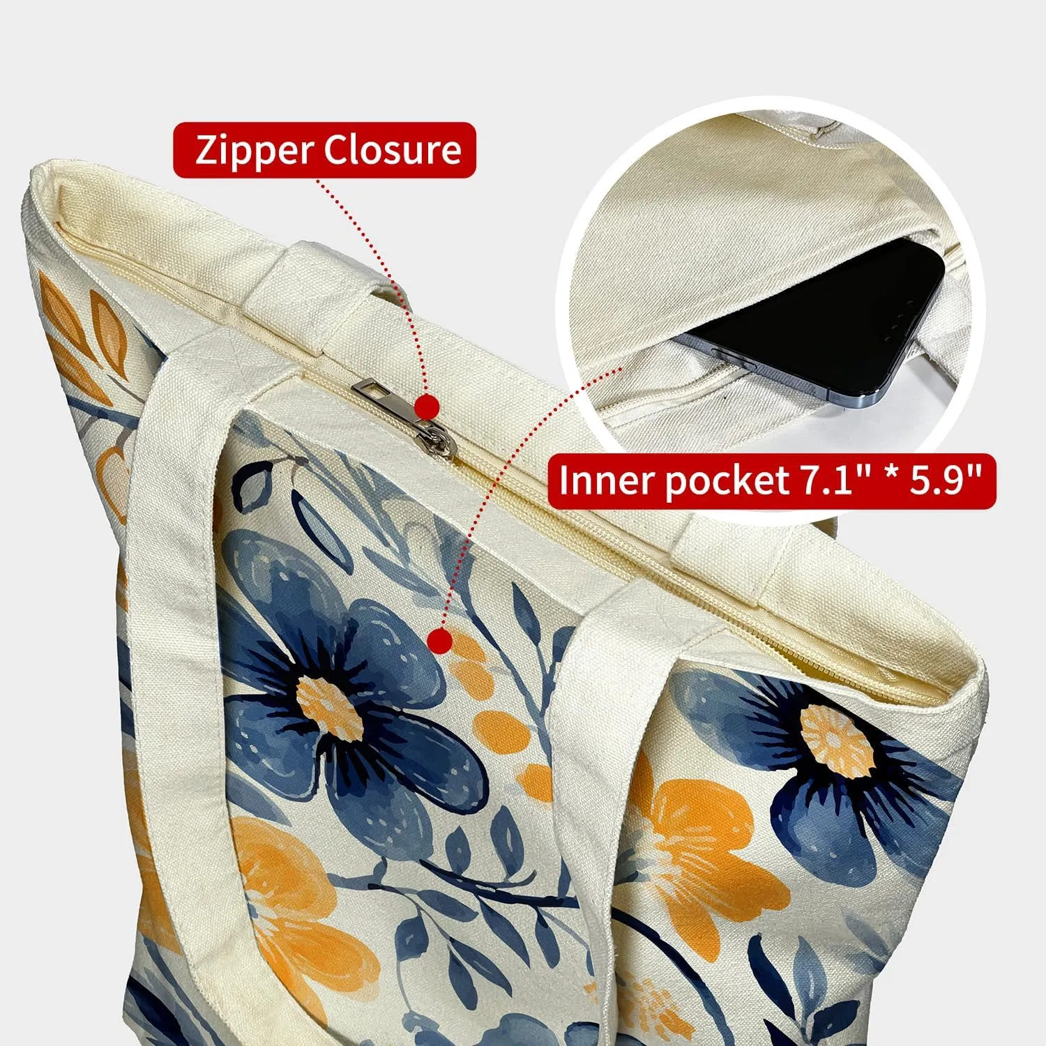 Canvas Tote Bag for Women, Tote Bag with Zipper Inner Pocket, Zippered Canvas Bag for Shopping Work Grocery Everyday