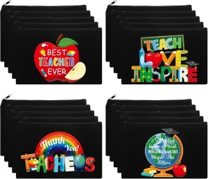 Capoda 28 Pcs Teacher Appreciation Gifts for Women Teacher Canvas Makeup Bags Travel Pouch Cosmetic Toiletry Bag with Zipper for Teacher's Day Birthday Retirement Gift(Black)
