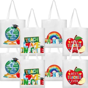 Capoda 8 Pack Teacher Appreciation Gifts for Teachers Canvas Tote Bags Retirement Teacher Appreciation Gifts(White)