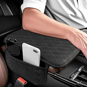 Car Center Console Cover, Upgraded Microfiber Leather Armrest Cover with 2 Storage Bags, Universal Car Arm Rest Cushion Pad Car Interior Accessories for Most Vehicle（Black）