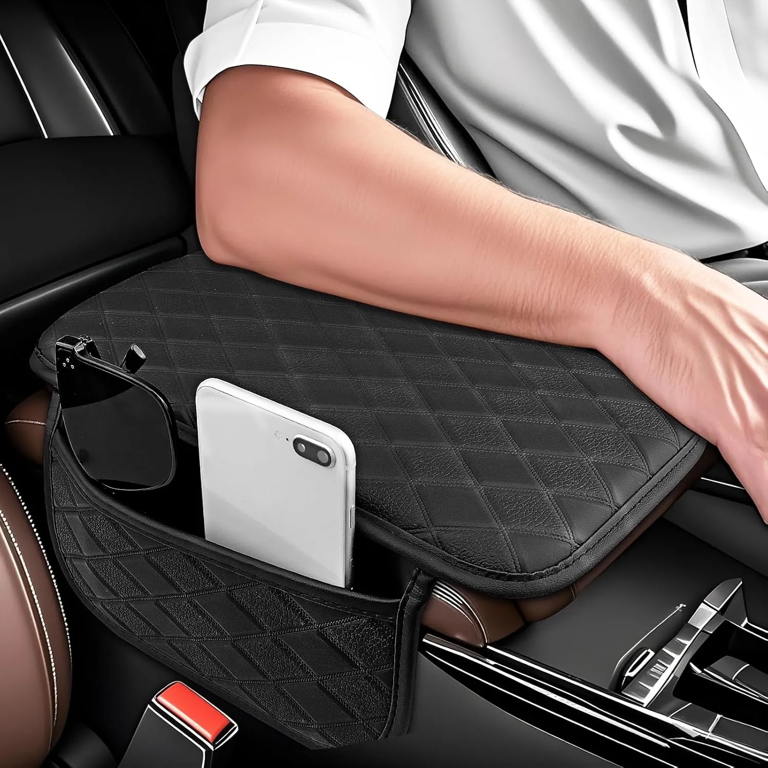 Car Center Console Cover, Upgraded Microfiber Leather Armrest Cover with 2 Storage Bags, Universal Car Arm Rest Cushion Pad Car Interior Accessories for Most Vehicle（Black）