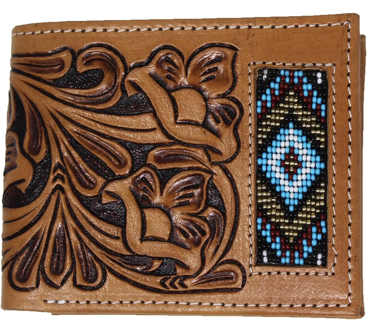 CHALLENGER Men's Western Bifold Wallet Beaded Handcrafted Floral Tooled Leather 18FKW50