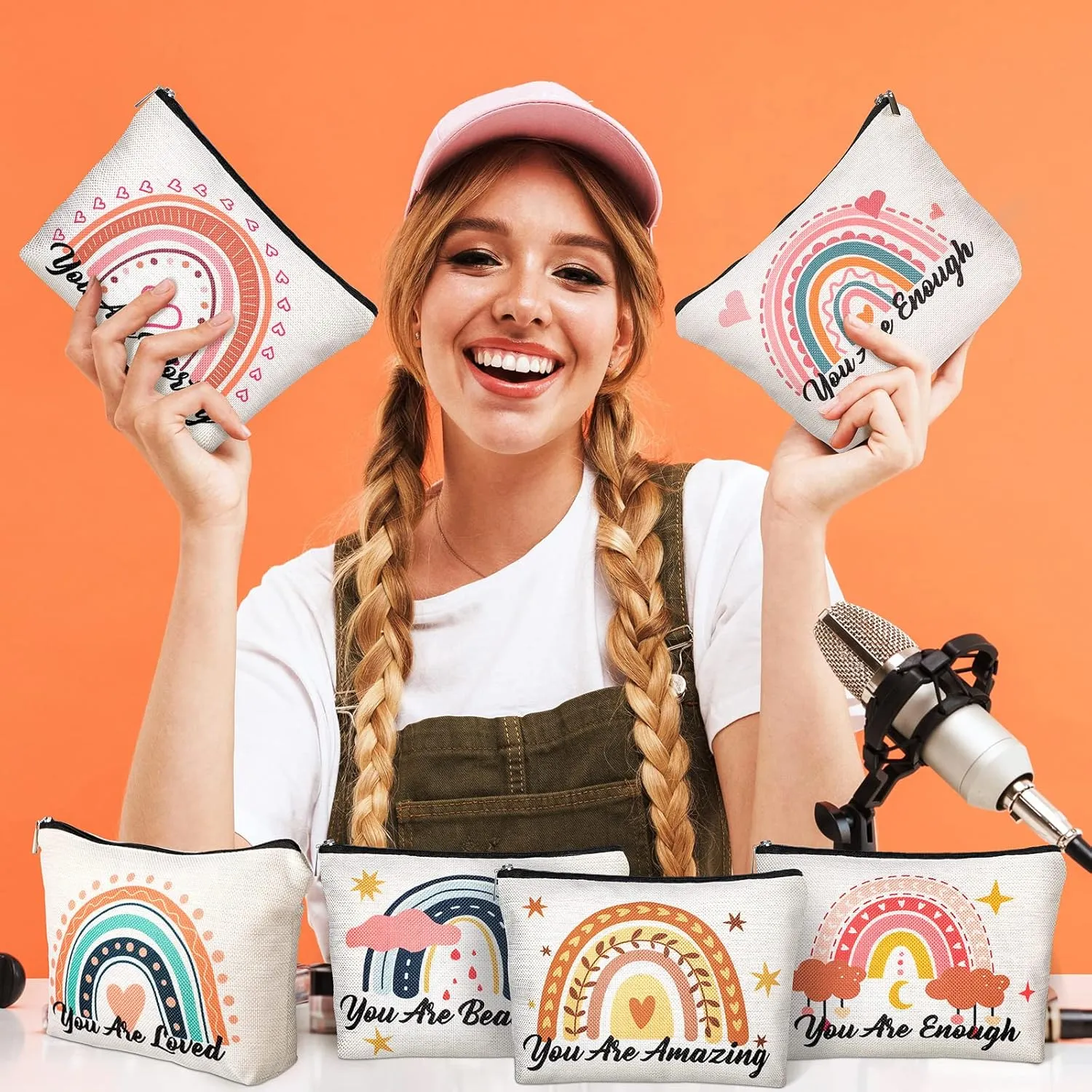 Chengu 6 Pcs Big Canvas Rainbow Heart Cosmetic Bags, 10 x 7.5 inch Inspirational Gifts for Women Motivational Quotes Makeup Bag for Women Girls Birthday Friend Teacher Graduation Gift (Sweet)