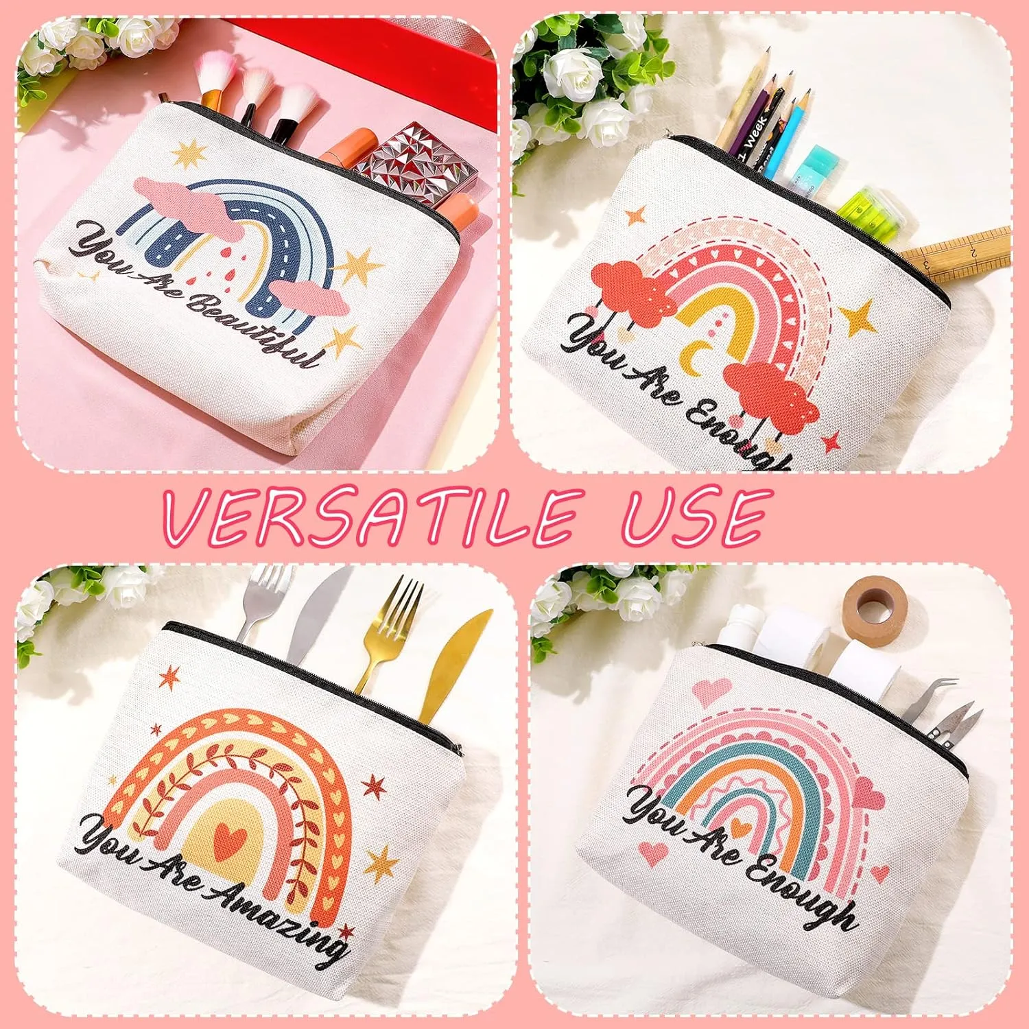 Chengu 6 Pcs Big Canvas Rainbow Heart Cosmetic Bags, 10 x 7.5 inch Inspirational Gifts for Women Motivational Quotes Makeup Bag for Women Girls Birthday Friend Teacher Graduation Gift (Sweet)