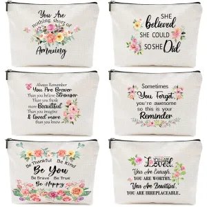 CHENGU 6 Pcs Canvas Rainbow Heart Cosmetic Bags, Inspirational Gifts for Women, Believe in Yourself Motivational Quotes Makeup Bag for Women Birthday Friend Teacher Graduation New Year Party(Floral)