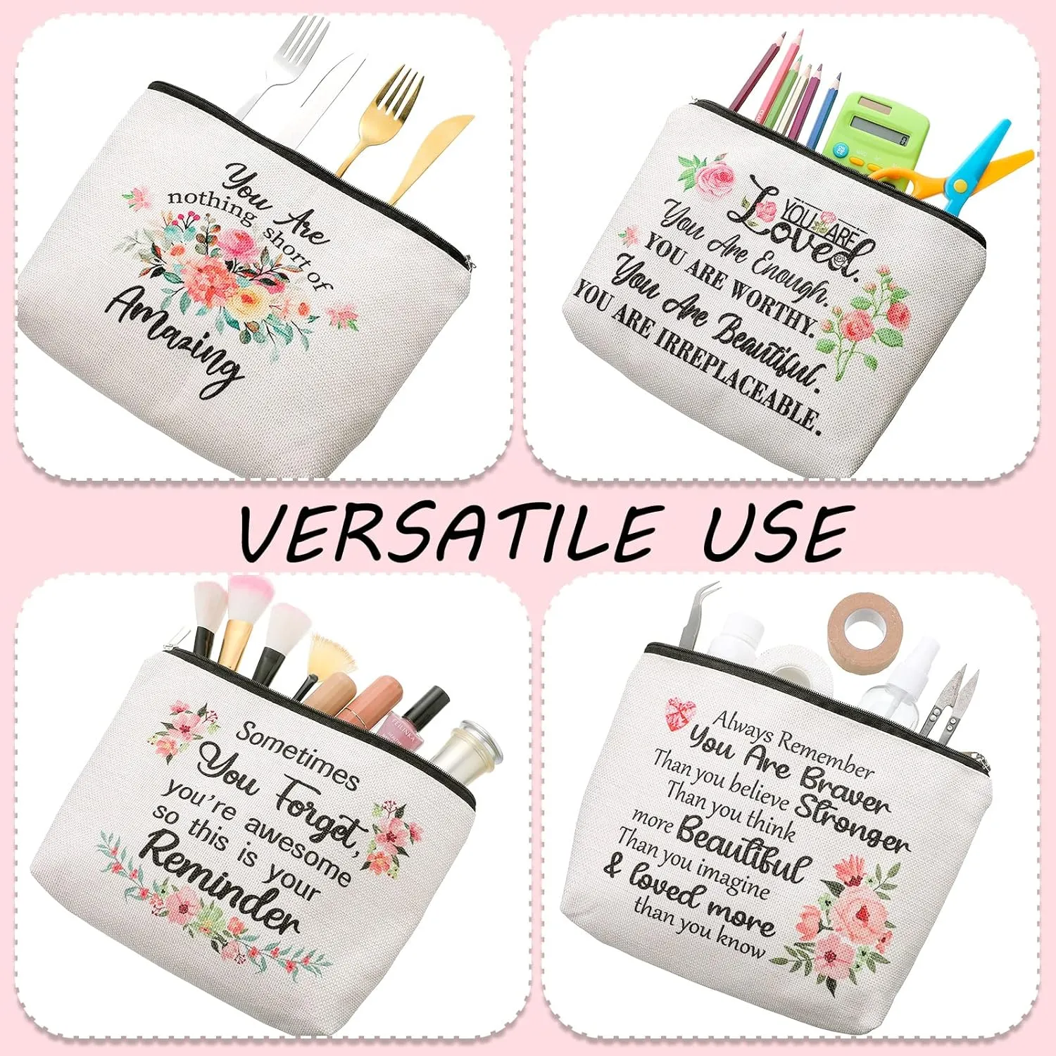 CHENGU 6 Pcs Canvas Rainbow Heart Cosmetic Bags, Inspirational Gifts for Women, Believe in Yourself Motivational Quotes Makeup Bag for Women Birthday Friend Teacher Graduation New Year Party(Floral)