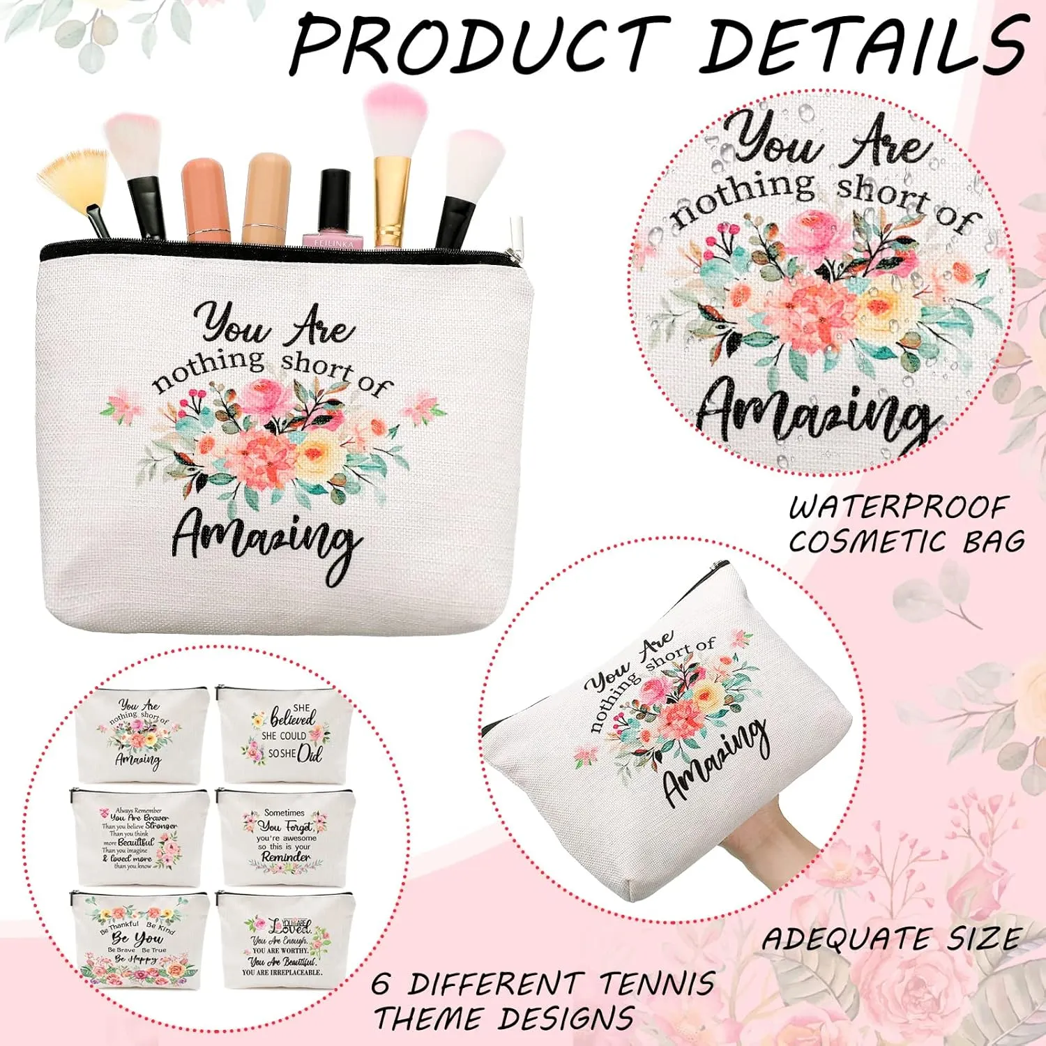 CHENGU 6 Pcs Canvas Rainbow Heart Cosmetic Bags, Inspirational Gifts for Women, Believe in Yourself Motivational Quotes Makeup Bag for Women Birthday Friend Teacher Graduation New Year Party(Floral)