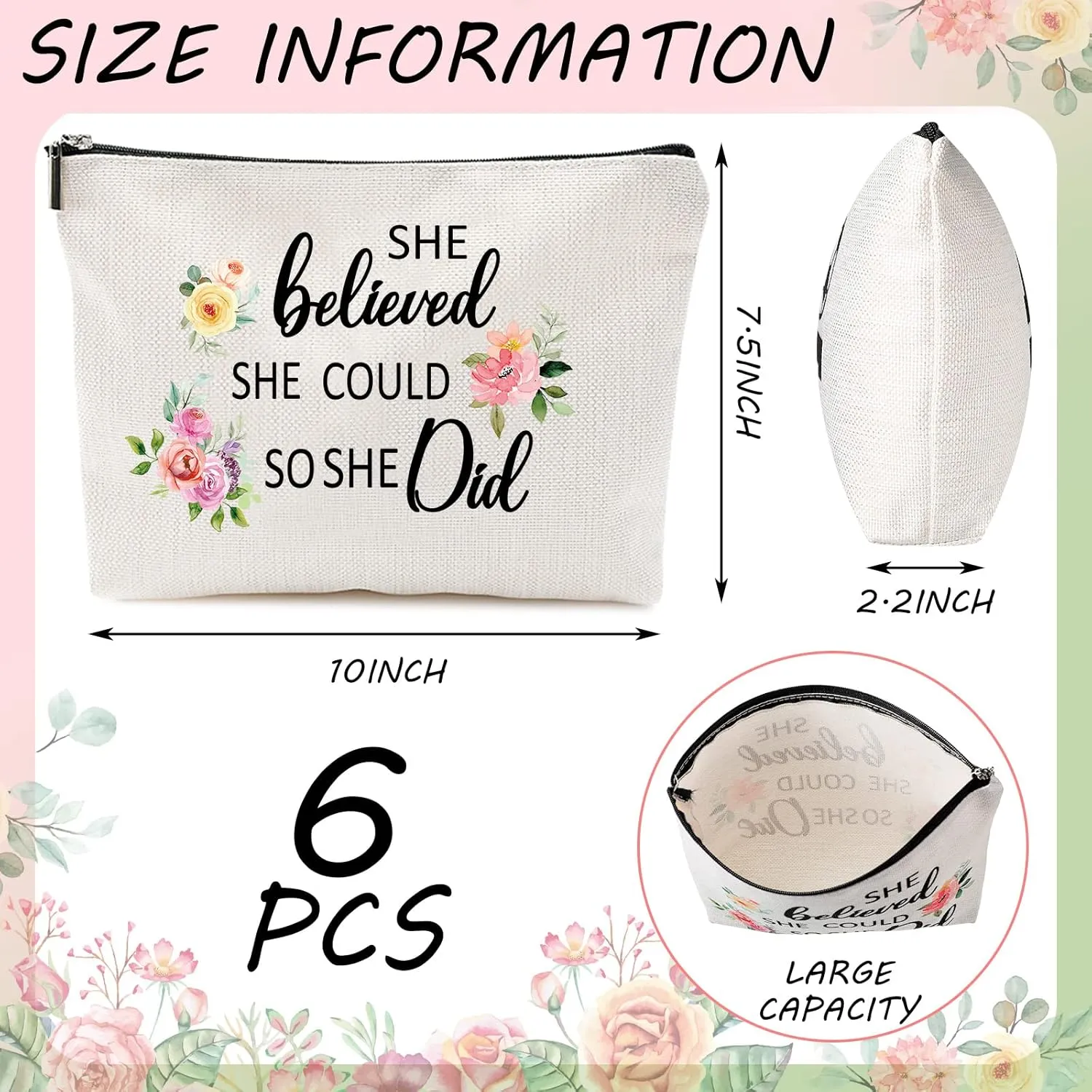 CHENGU 6 Pcs Canvas Rainbow Heart Cosmetic Bags, Inspirational Gifts for Women, Believe in Yourself Motivational Quotes Makeup Bag for Women Birthday Friend Teacher Graduation New Year Party(Floral)