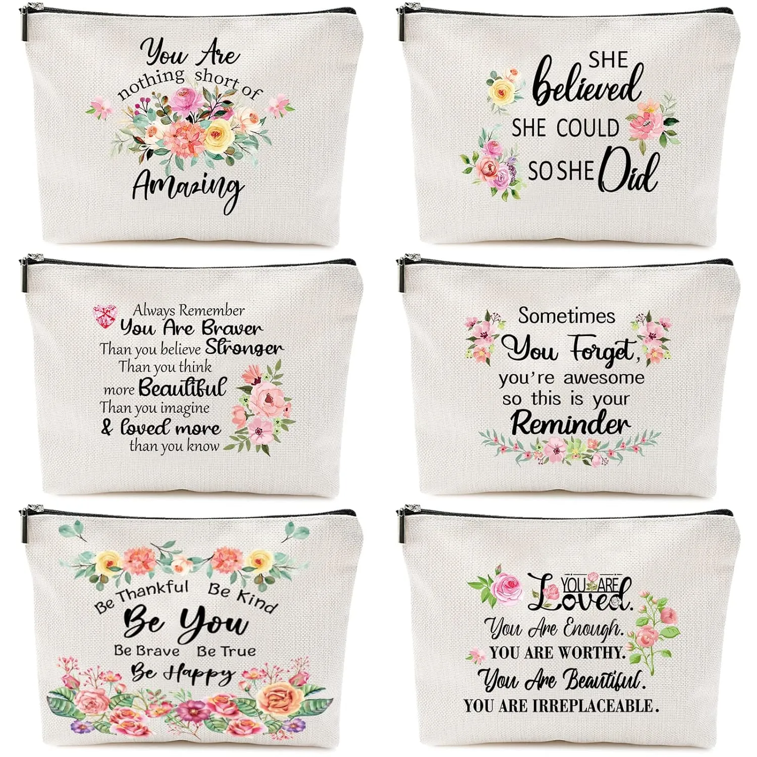 CHENGU 6 Pcs Canvas Rainbow Heart Cosmetic Bags, Inspirational Gifts for Women, Believe in Yourself Motivational Quotes Makeup Bag for Women Birthday Friend Teacher Graduation New Year Party(Floral)