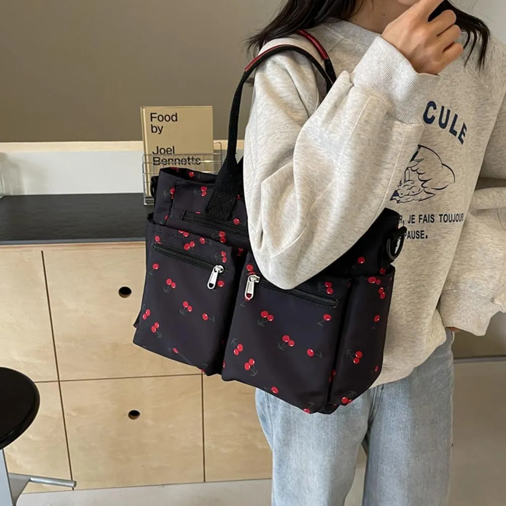 Cherry Tote Bags for Women - Coquette Handbag Large Capacity Cherry Crossbody Work Tote Purse Nylon Shoulder Bag