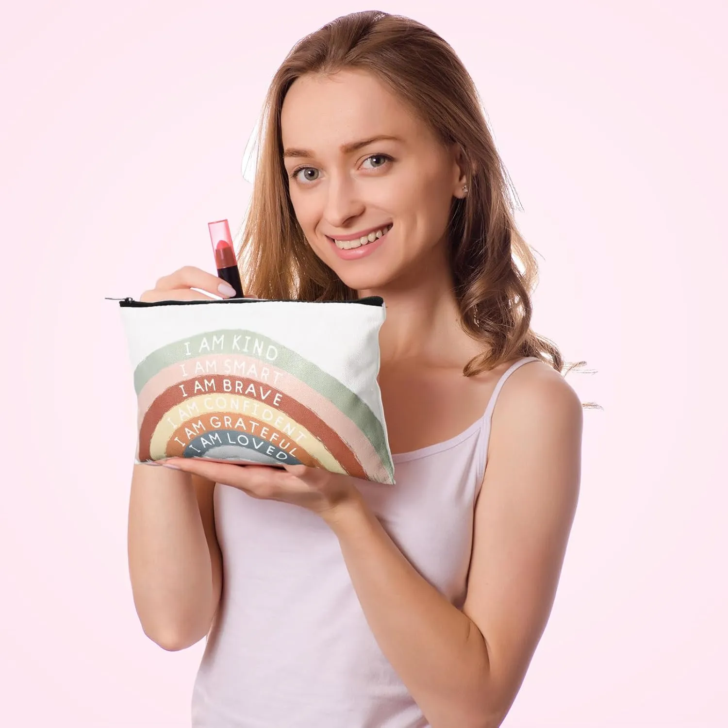 Chunful 10 Pieces Inspirational Canvas Makeup Bags for Women Graduation Gift Rainbow Canvas Cosmetic Bags Bulk with Zipper Friendship Gift Travel Toiletry Pouch(Motivation)
