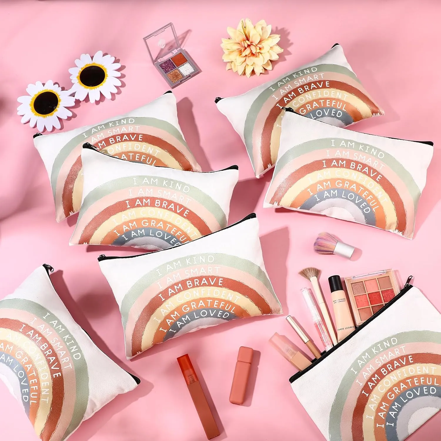 Chunful 10 Pieces Inspirational Canvas Makeup Bags for Women Graduation Gift Rainbow Canvas Cosmetic Bags Bulk with Zipper Friendship Gift Travel Toiletry Pouch(Motivation)