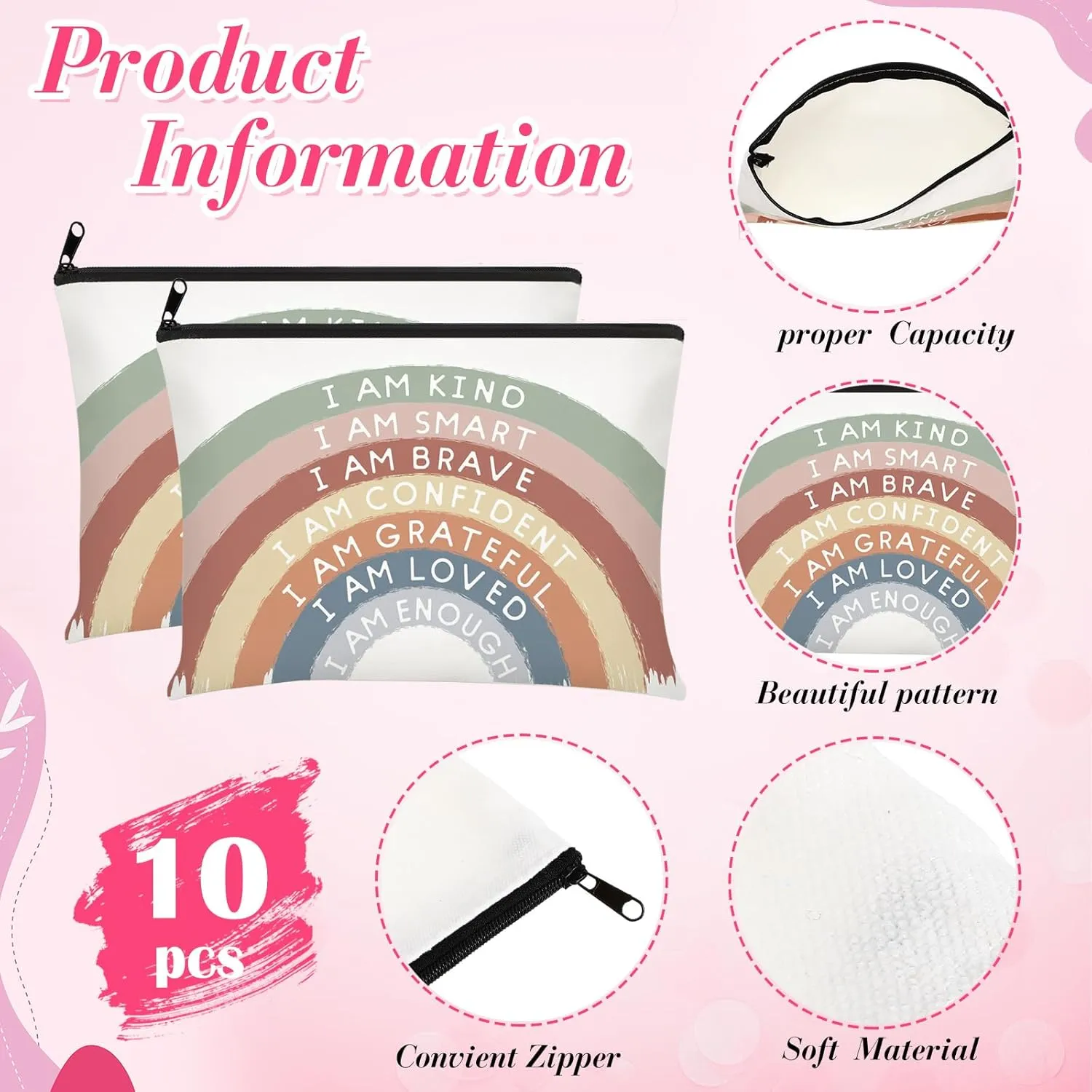 Chunful 10 Pieces Inspirational Canvas Makeup Bags for Women Graduation Gift Rainbow Canvas Cosmetic Bags Bulk with Zipper Friendship Gift Travel Toiletry Pouch(Motivation)