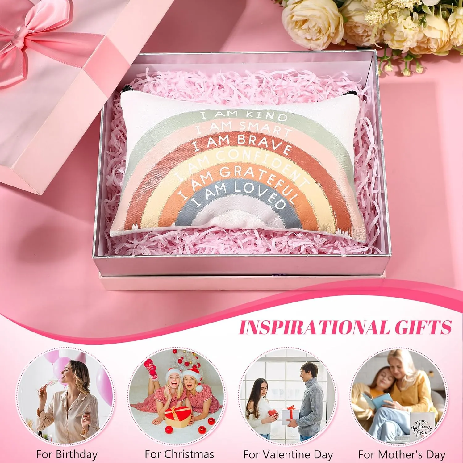 Chunful 10 Pieces Inspirational Canvas Makeup Bags for Women Graduation Gift Rainbow Canvas Cosmetic Bags Bulk with Zipper Friendship Gift Travel Toiletry Pouch(Motivation)