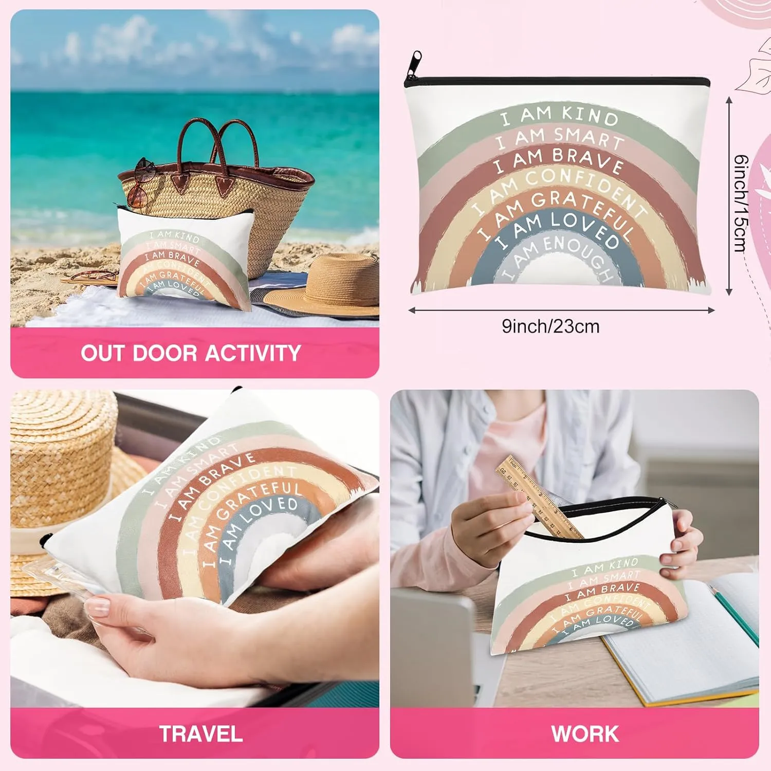 Chunful 10 Pieces Inspirational Canvas Makeup Bags for Women Graduation Gift Rainbow Canvas Cosmetic Bags Bulk with Zipper Friendship Gift Travel Toiletry Pouch(Motivation)
