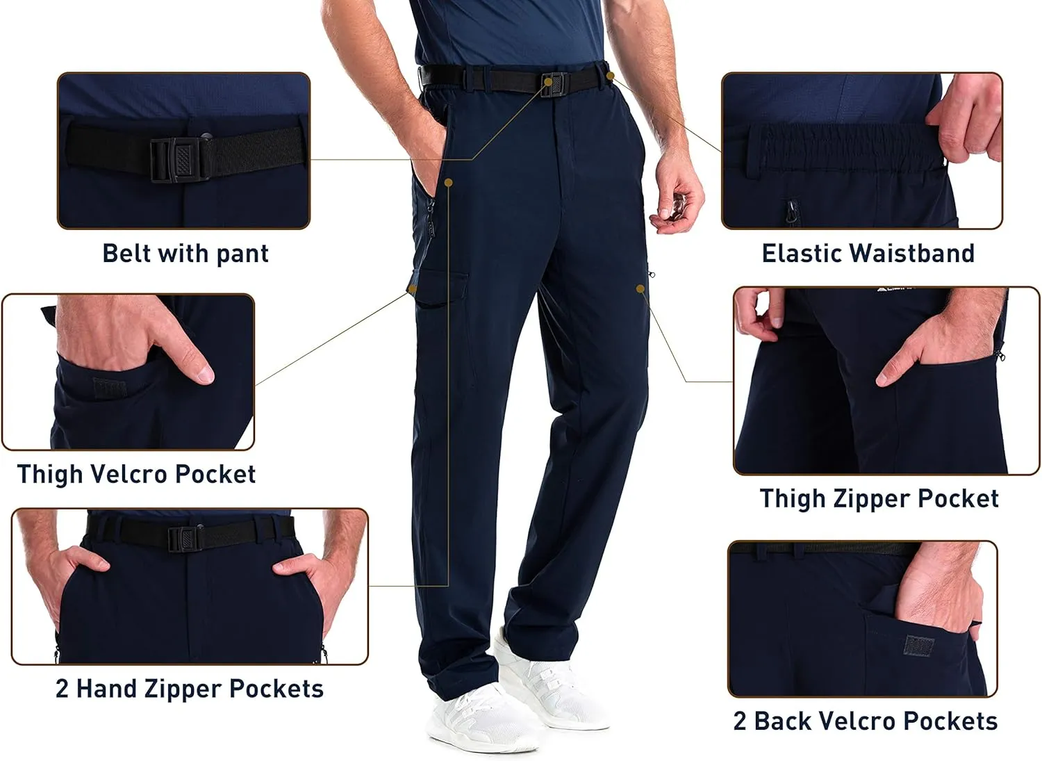 clothin Men's Elastic-Waist Travel Pant Stretchy Lightweight Pant Multi-Pockets Quick Dry Breathable