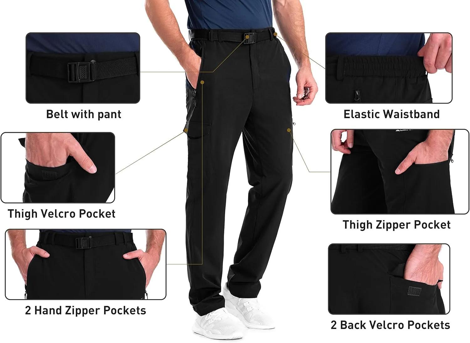 clothin Men's Elastic-Waist Travel Pant Stretchy Lightweight Pant Multi-Pockets Quick Dry Breathable