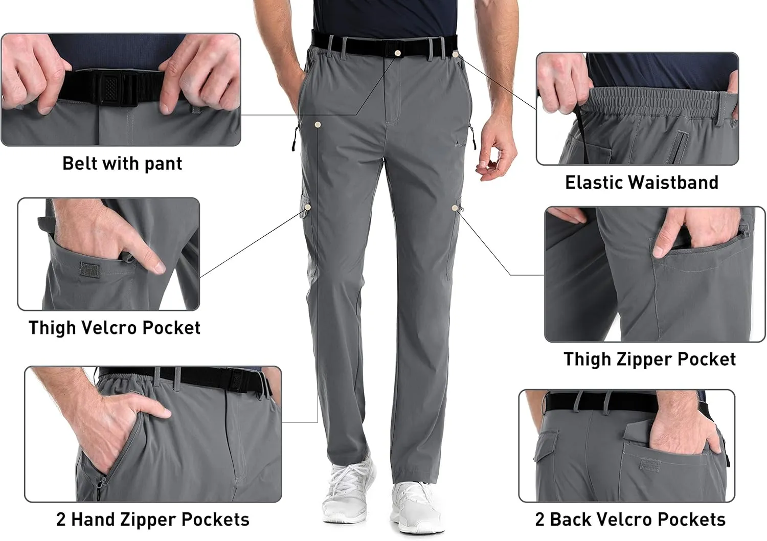 clothin Men's Elastic-Waist Travel Pant Stretchy Lightweight Pant Multi-Pockets Quick Dry Breathable