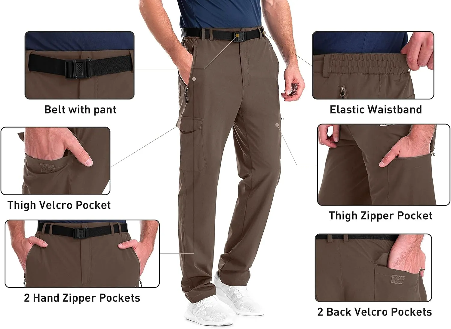 clothin Men's Elastic-Waist Travel Pant Stretchy Lightweight Pant Multi-Pockets Quick Dry Breathable