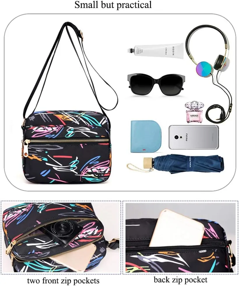 Collsants Small Nylon Purse Mini Crossbody Bag Travel Shoulder Bag Multi Zipper Pockets