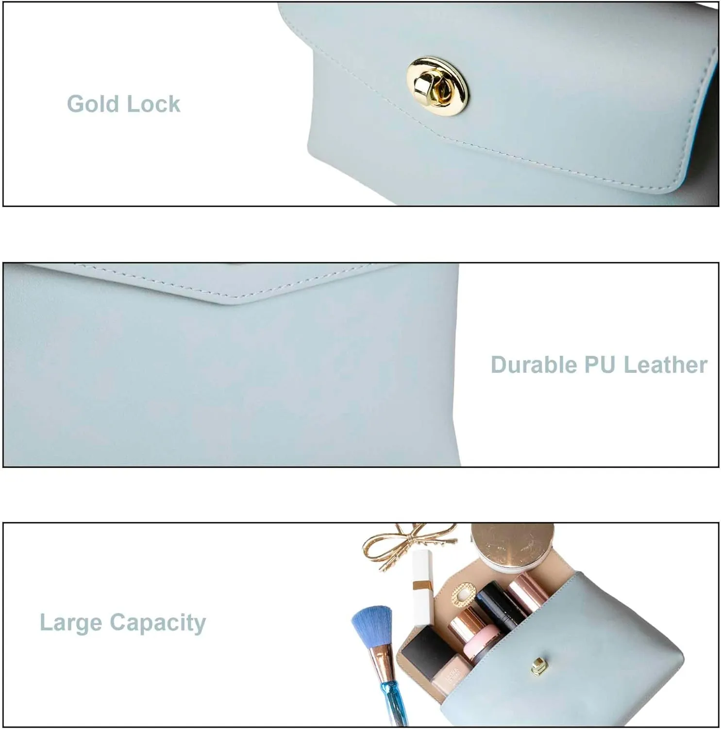 Cosmetic Bag Travel Makeup Pouch Travel Organizer, Zipper Pouch Bags for Women Vegan Leather (Baby Blue)