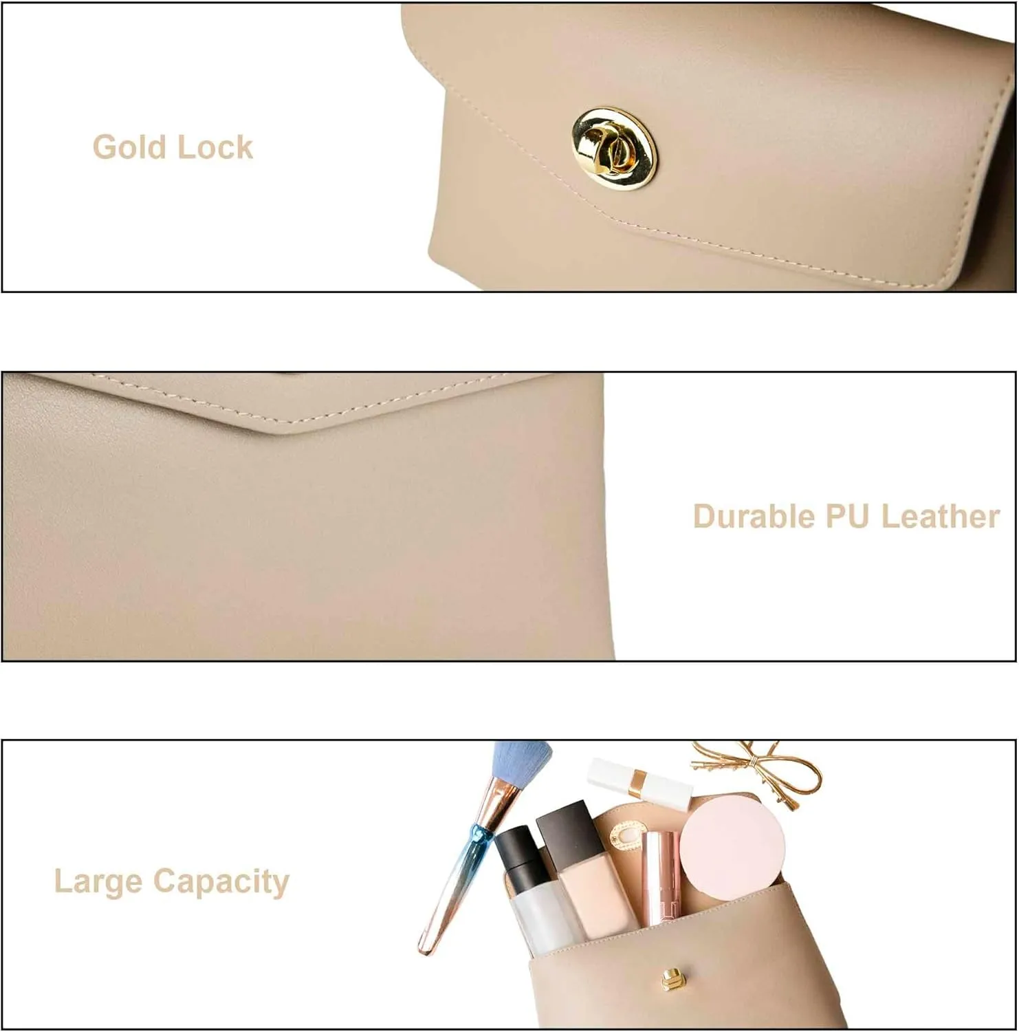 Cosmetic Bag Travel Makeup Pouch Travel Organizer, Zipper Pouch Bags for Women Vegan Leather (Mocha Brown)
