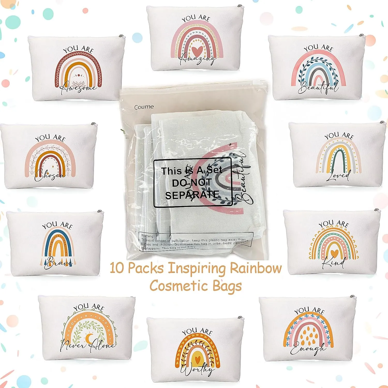 Coume 10 Pcs Rainbow Canvas Makeup Bags Bulk Inspirational Quotes Cosmetic Zipper Personalized Encouragement Travel Pouch Toiletry Bag for Women Girls Teacher Friend Birthday