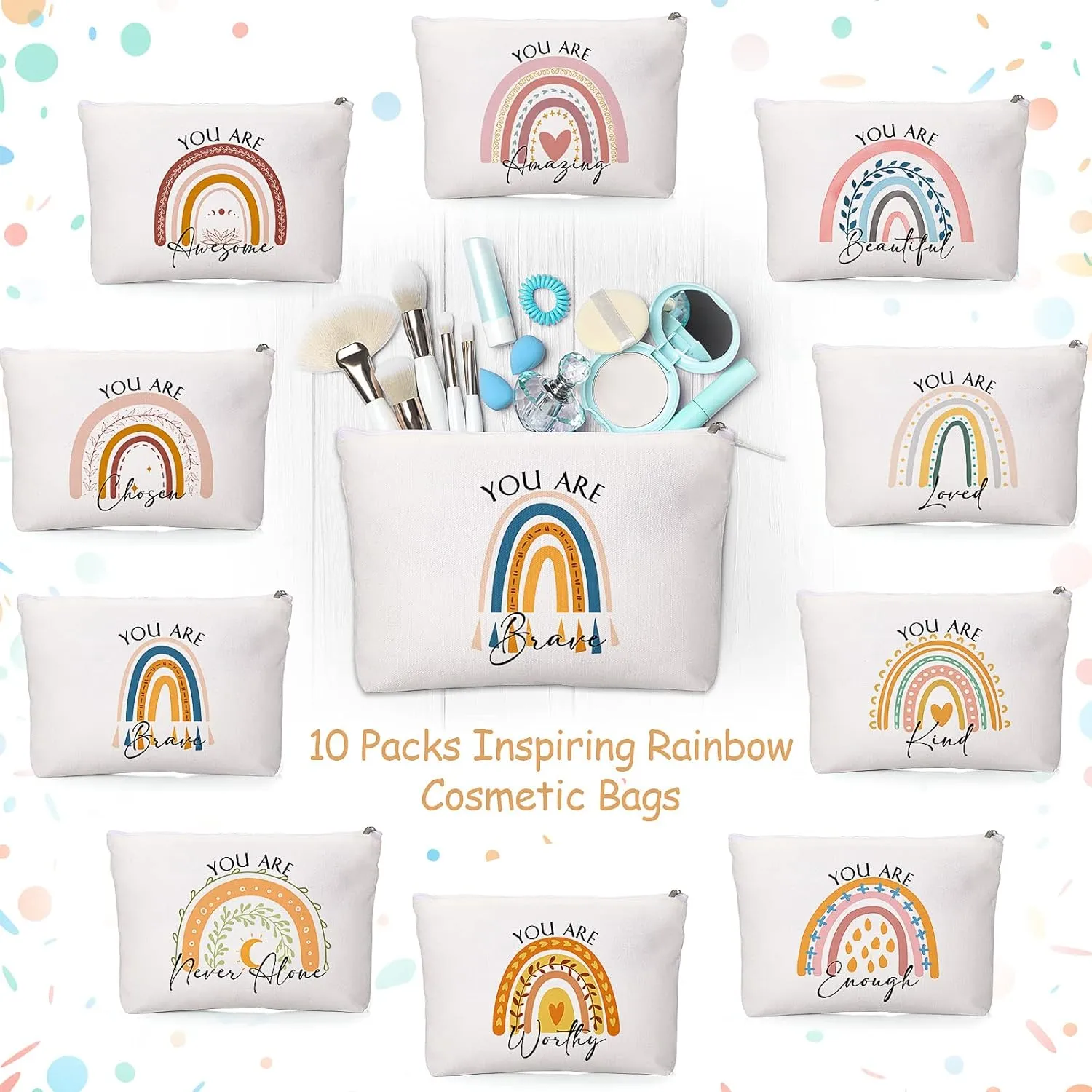 Coume 10 Pcs Rainbow Canvas Makeup Bags Bulk Inspirational Quotes Cosmetic Zipper Personalized Encouragement Travel Pouch Toiletry Bag for Women Girls Teacher Friend Birthday