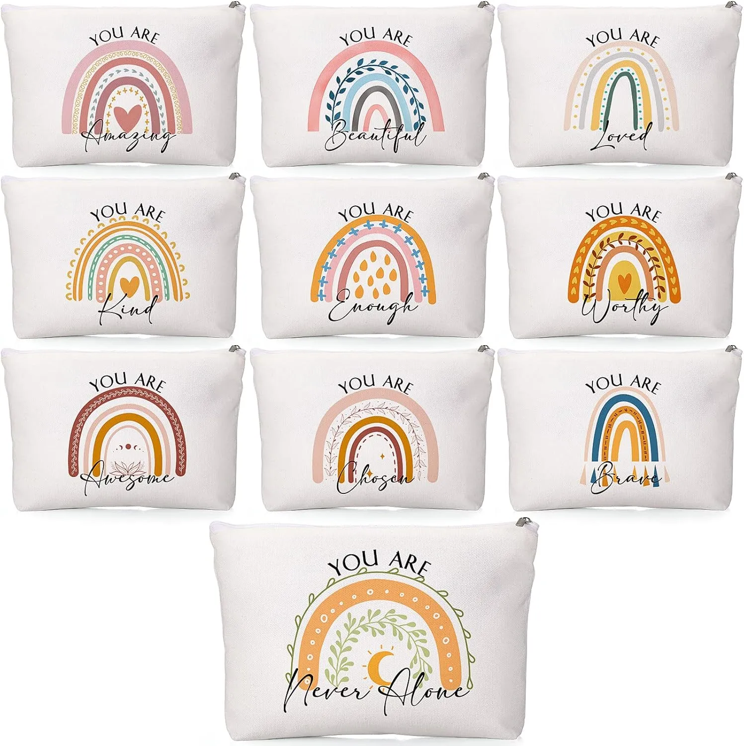 Coume 10 Pcs Rainbow Canvas Makeup Bags Bulk Inspirational Quotes Cosmetic Zipper Personalized Encouragement Travel Pouch Toiletry Bag for Women Girls Teacher Friend Birthday