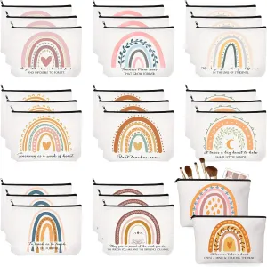 Coume 30 Pcs Teacher Appreciation Gifts Rainbow Canvas Makeup Bags with Zipper Inspirational Cosmetic Bag Travel Pouch Toiletry Case for Teacher Office Supplies, 10 Styles(Elegant, Elegant)