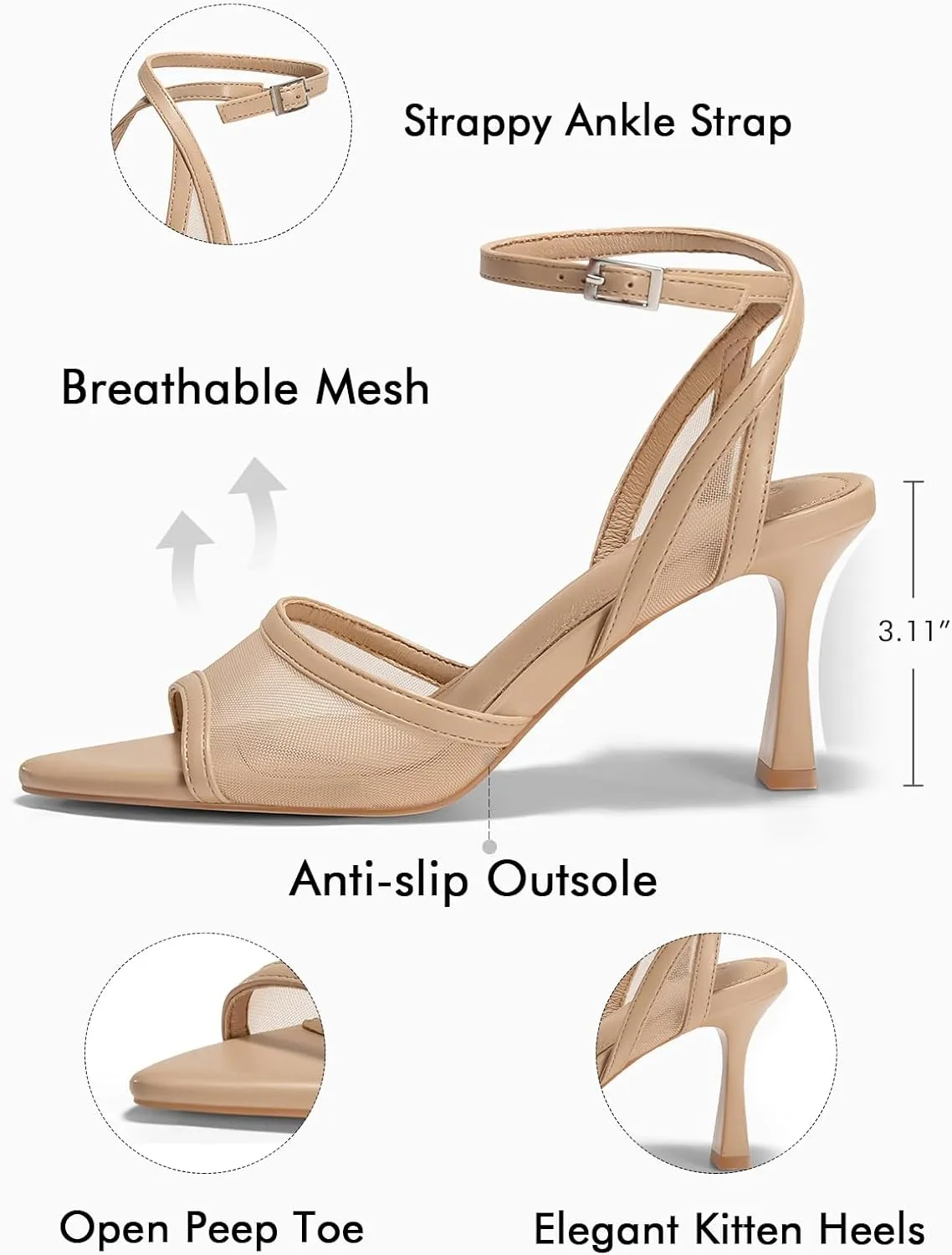 Coutgo Womens Mesh Kitten Heels Sandals Pointed Open Toe Ankle Buckle Strap Summer Dress Shoes