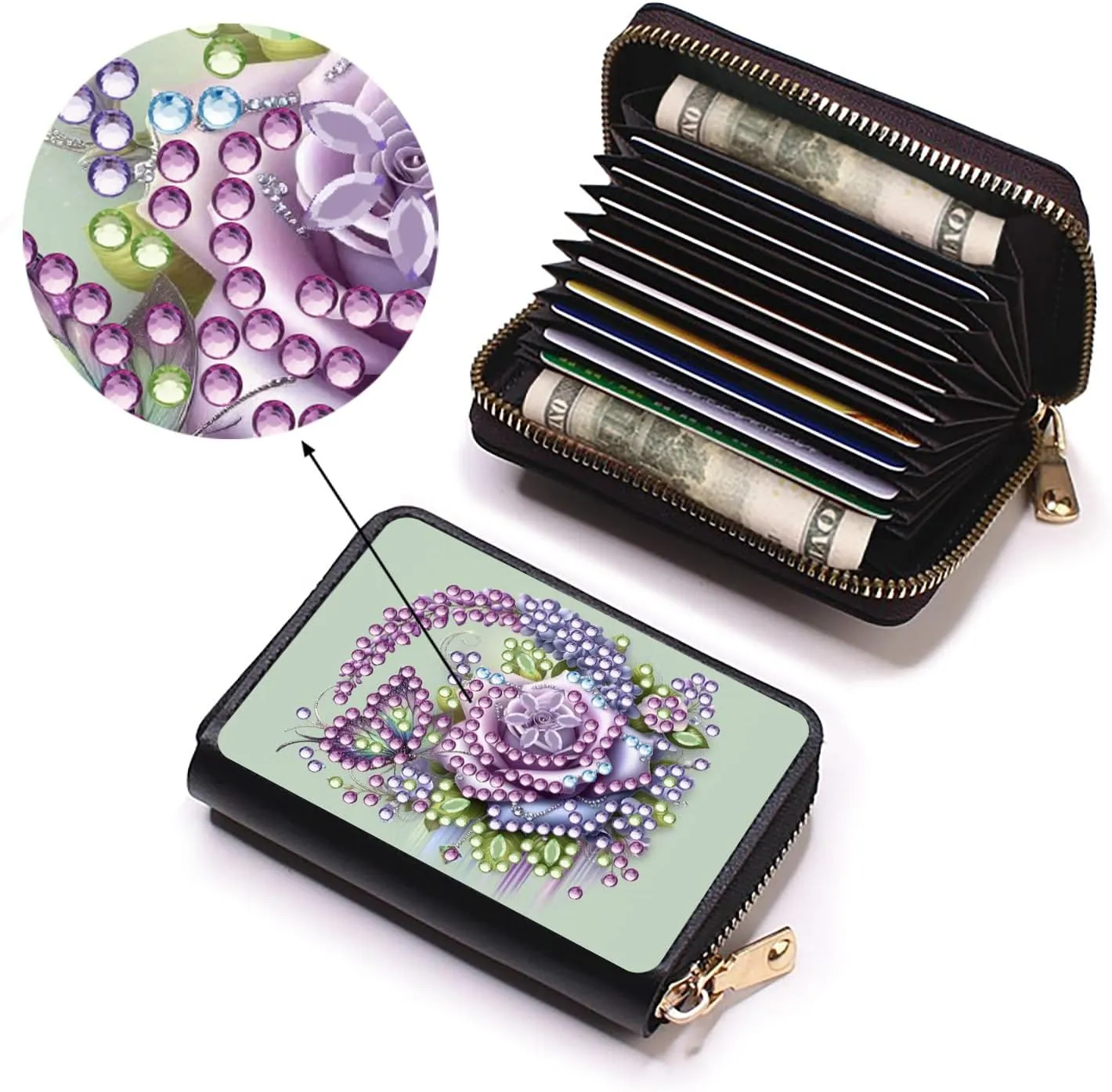 Credit Card Coin Holder, DIY Diamond Art Painting Leather Zipper Card Case Wallet for Women-2PCS-1