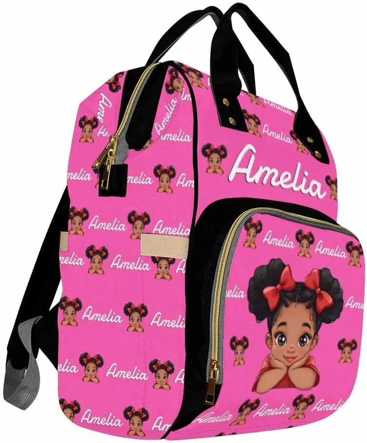 Custom Diaper Bag with Name, Personalized School Bag Africa Girl Pattern, Monogram Nappy Backpack with Thermal Pockets for Adults Kids, Large Capacity Waterproof Diaper Bag, Travel Gifts