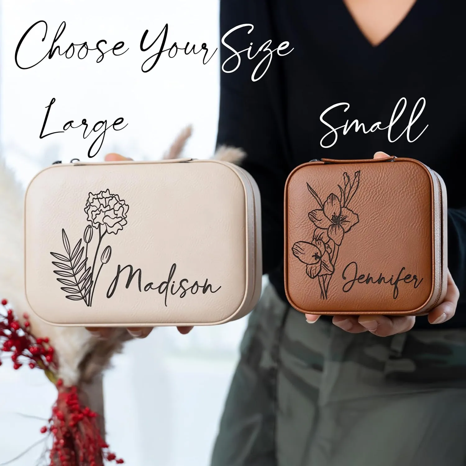 Custom Leather Jewelry Box w/Name & Birth Flower Month - Birthday Gifts for Women, Personalized Jewelry Travel Case - Customized Jewelry Organizer Box, Mom Birthday Gifts - Emerald